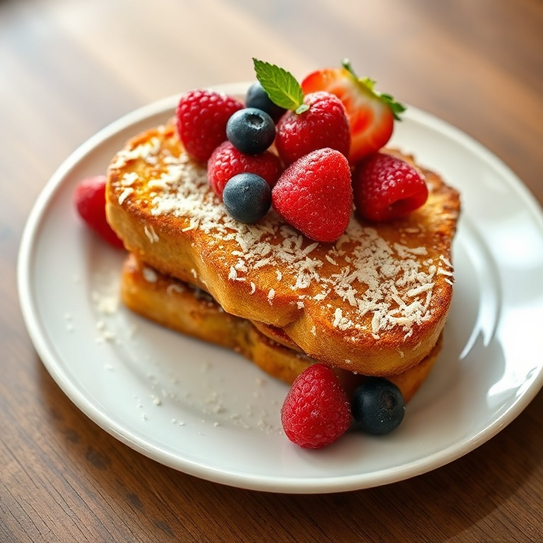 One perfect plated serving of Crispy Coconut Crusted French Toast. Topped with fresh berries. Close crop, food fills 90% of frame. White ceramic plate with warm side lighting. Photorealistic food photography, no text, no watermark.