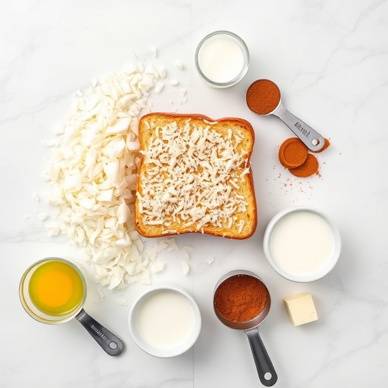 Overhead flat lay of ingredients for Crispy Coconut Crusted French Toast. Large coconut flakes, eggs, milk, cinnamon, and butter visible. Measuring spoons and cups nearby. White marble surface. Bright even light. Photorealistic overhead food photography, no text, no watermark.