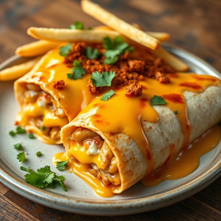 One perfect plated serving of crispy cowboy burritos with melted cheese and loaded fries. Garnished with cilantro. Close crop. Warm lighting showing texture.