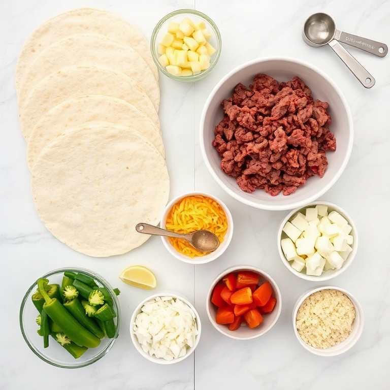 All raw ingredients for crispy cowboy burritos. Flour tortillas, ground beef, cheese, potatoes, onions, and peppers arranged in an overhead flat lay. Measuring spoons and cups visible. Bright natural light.