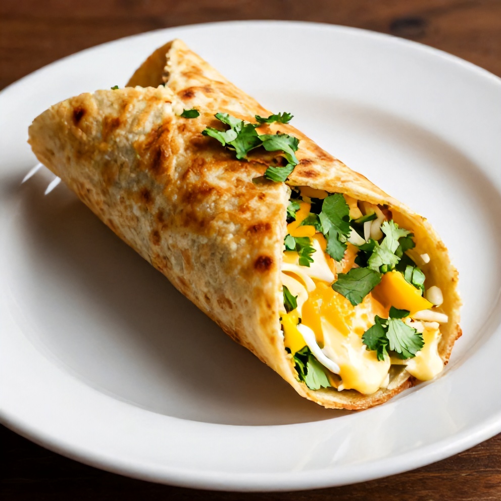 One plated crispy crunchwrap supreme egg roll topped with cilantro on a white round plate, close up, warm lighting shows crisp texture.