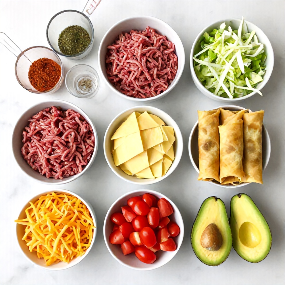 Overhead of ground beef, egg roll wrappers, shredded cheese, avocado, and tomatoes arranged on white marble with small prep bowls and measuring cups.