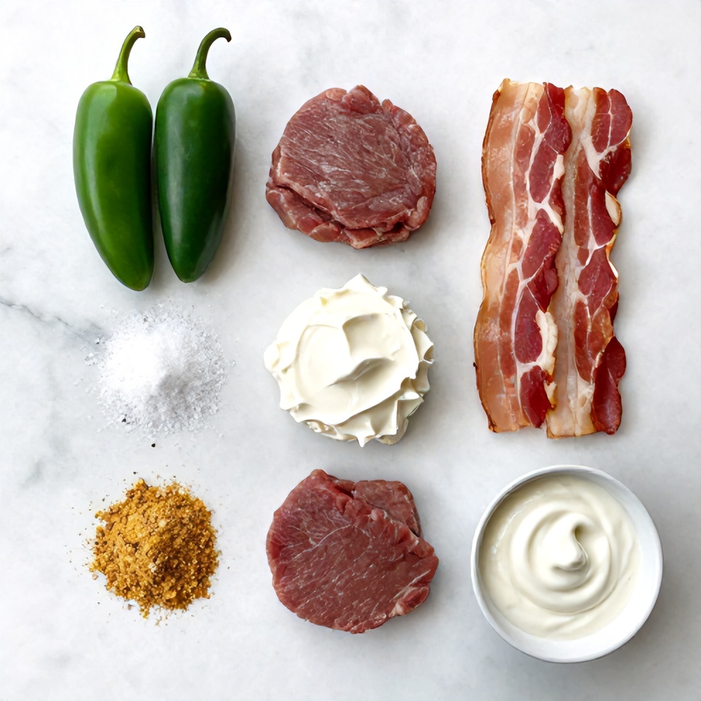 Raw ingredients for deer tenderloin jalapeño poppers on a marble surface