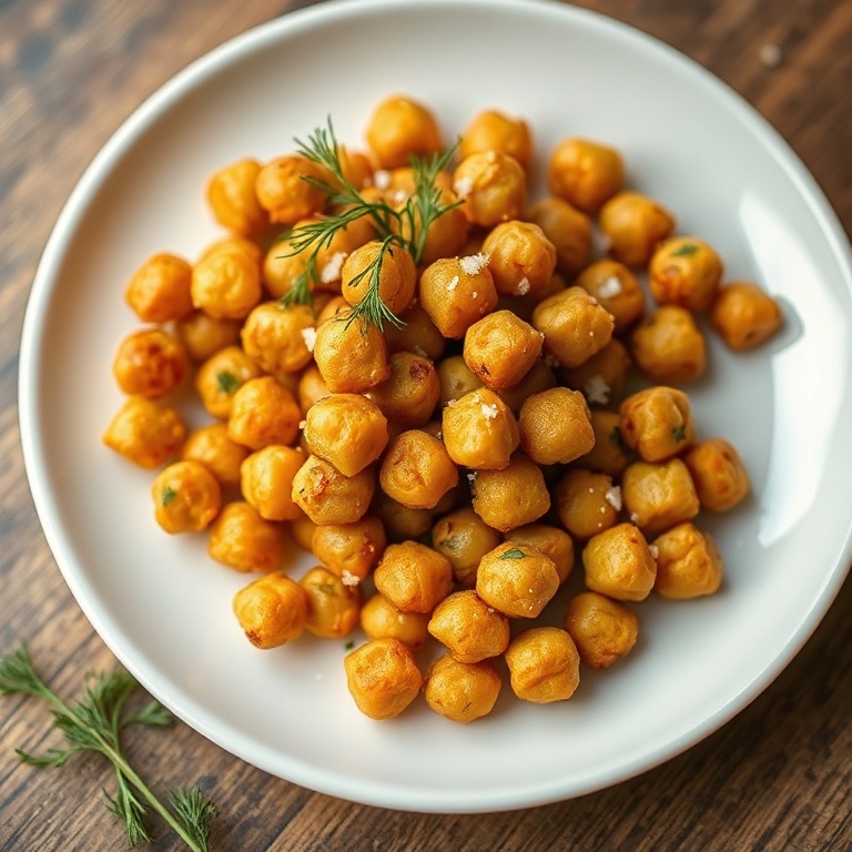 Crispy dill pickle roasted chickpeas on a white plate. Dill and salt sprinkled on top