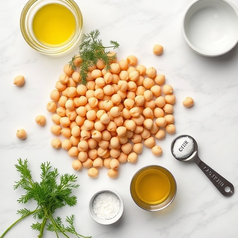 Raw chickpeas, dill, olive oil, garlic, and salt arranged in a flat lay. Measuring spoons and bowls nearby