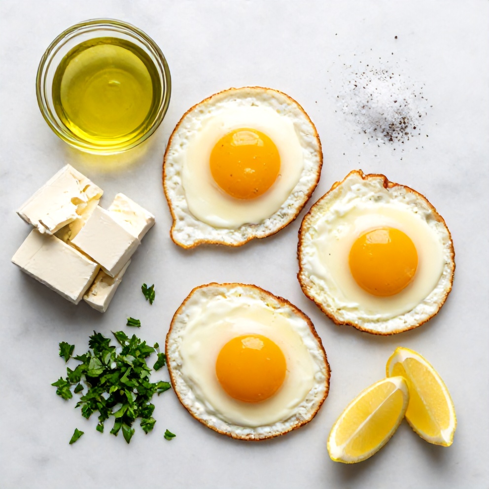 Raw ingredients for Crispy Feta Fried Eggs