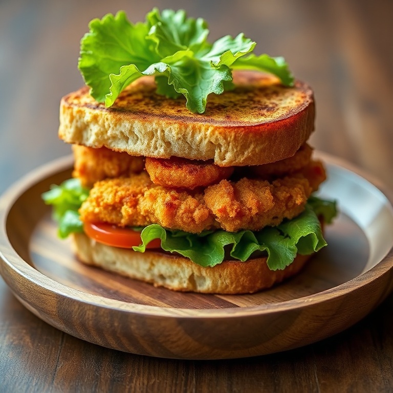 Perfectly plated Crispy Fried Green Tomato BLT Sandwich. Garnished with extra lettuce. Close crop on a wooden plate. Warm side lighting highlighting texture.