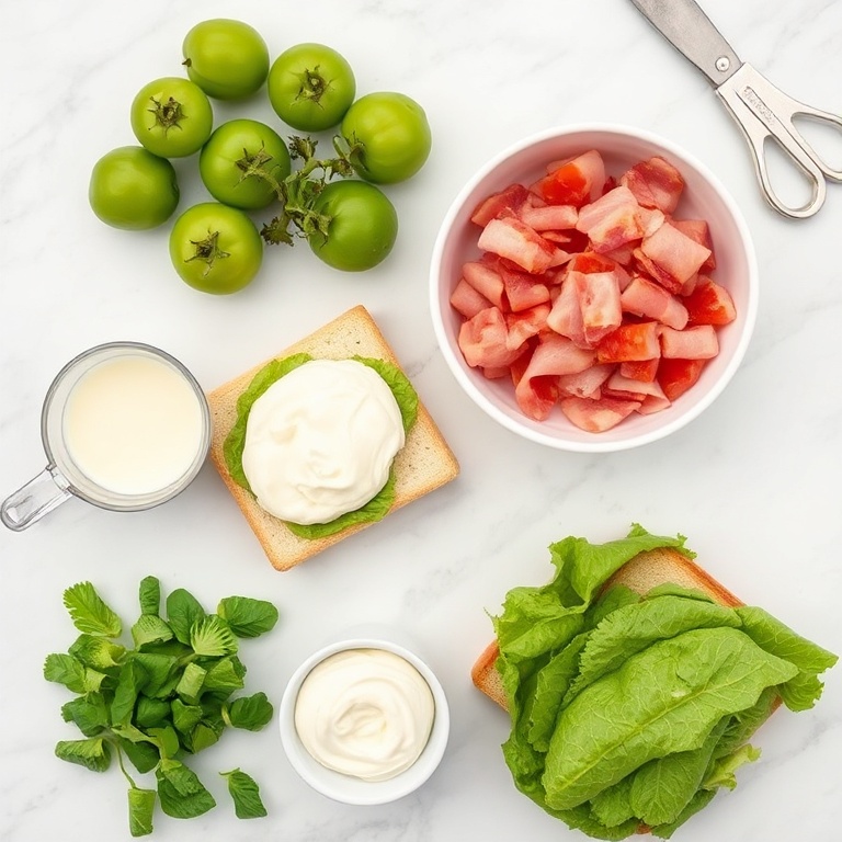 Raw ingredients for Crispy Fried Green Tomato BLT. Green tomatoes, bacon, lettuce, mayonnaise, and bread. Overhead flat lay with measuring tools and bowls. White marble surface. Bright even light.