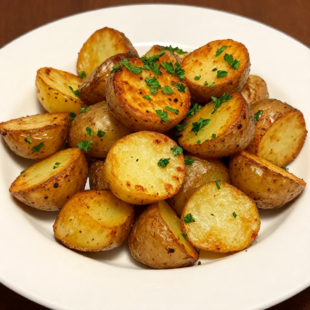 Plated serving of Crispy Greek Lemon Potatoes with fresh parsley
