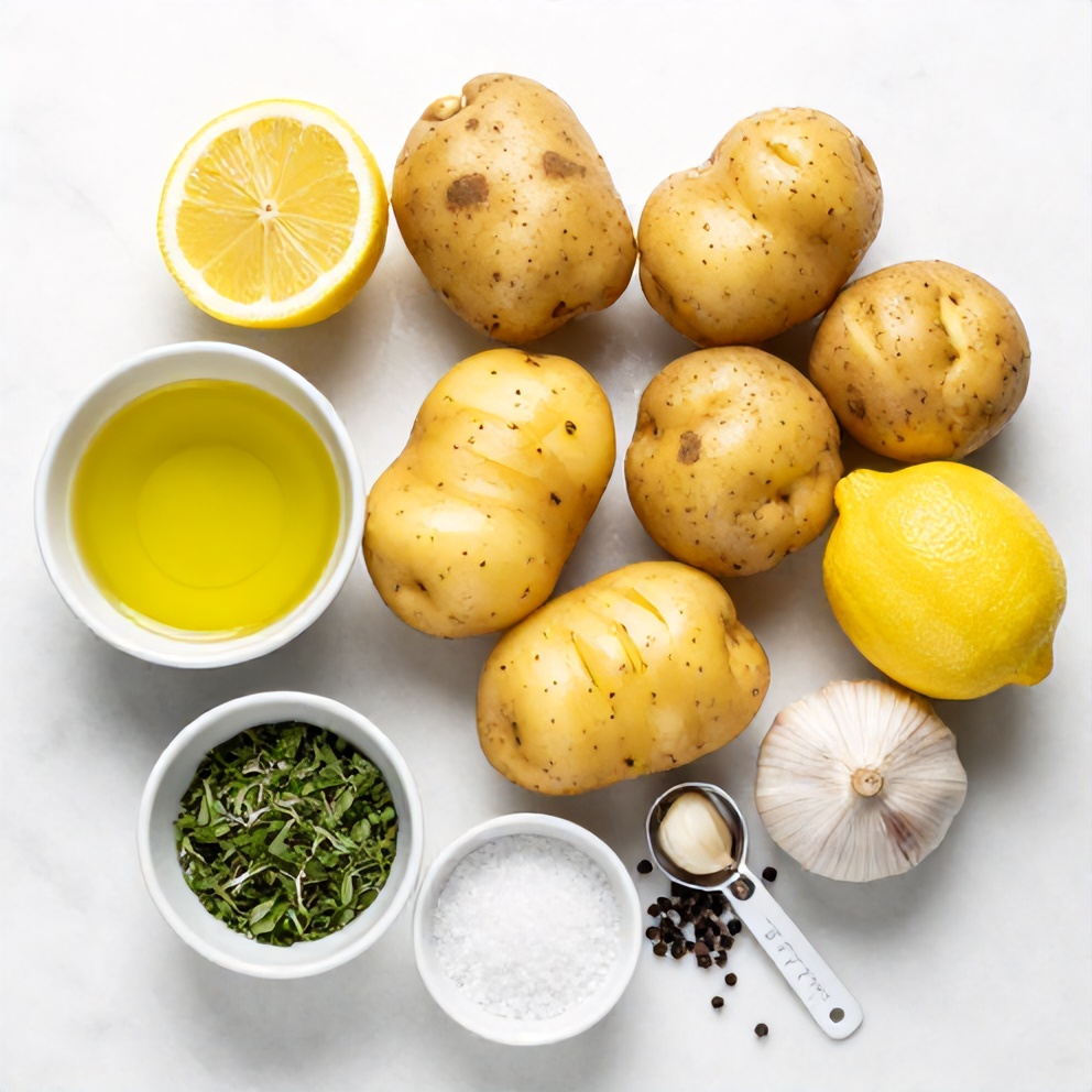 Raw ingredients for Greek Lemon Potatoes on a white marble surface