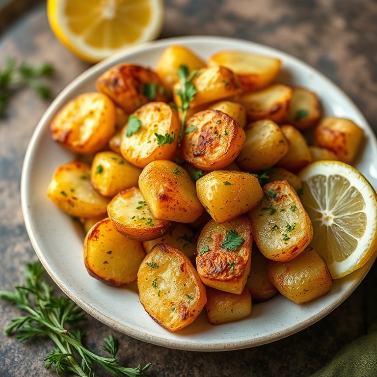 Perfectly plated Crispy Greek Potatoes with lemon and garlic, garnished with fresh herbs, close crop, food fills 90% of frame, warm side lighting, photorealistic food photography style, no text, no watermark