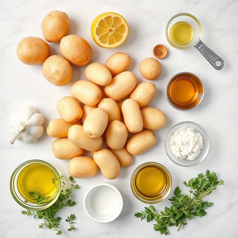 Raw ingredients for Crispy Greek Potatoes, including potatoes, garlic, lemon, olive oil, and herbs, arranged in an overhead flat lay, with prep bowls, measuring spoons, and cups visible, on a white marble surface, bright even natural light, photorealistic food photography style, no text, no watermark