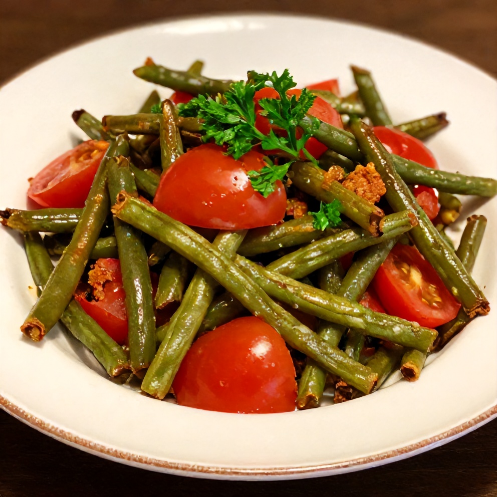 Plated green bean and tomato salad with fresh parsley