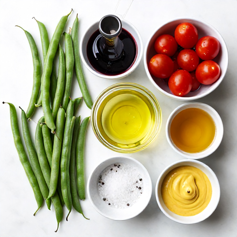 Raw ingredients for green bean and tomato salad