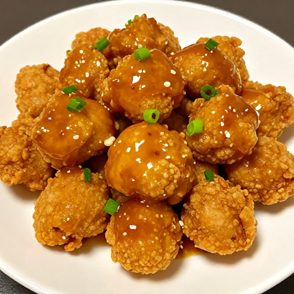 Plated Crispy Honey Butter Chicken Bites with green onions