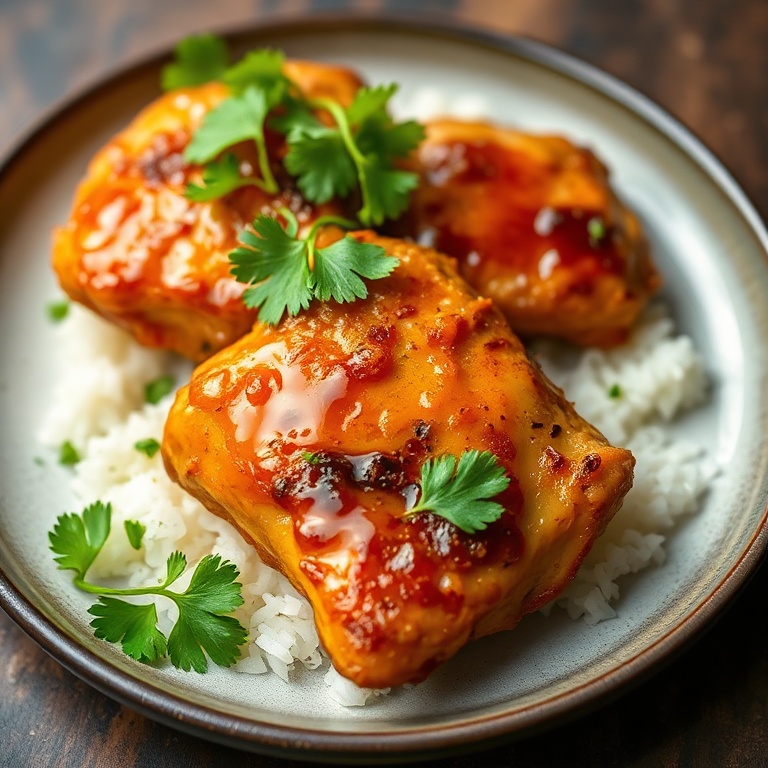 Perfect plated serving of crispy honey garlic chicken. Garnished with fresh cilantro. Close crop showing texture. Plate with dark edges.