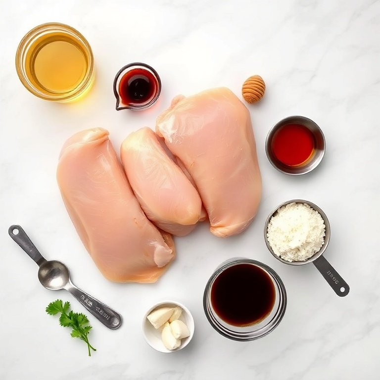 All raw ingredients for crispy honey garlic chicken arranged as an overhead flat lay. Chicken, garlic, honey, soy sauce, and ginger visible. Measuring spoons and bowls nearby.