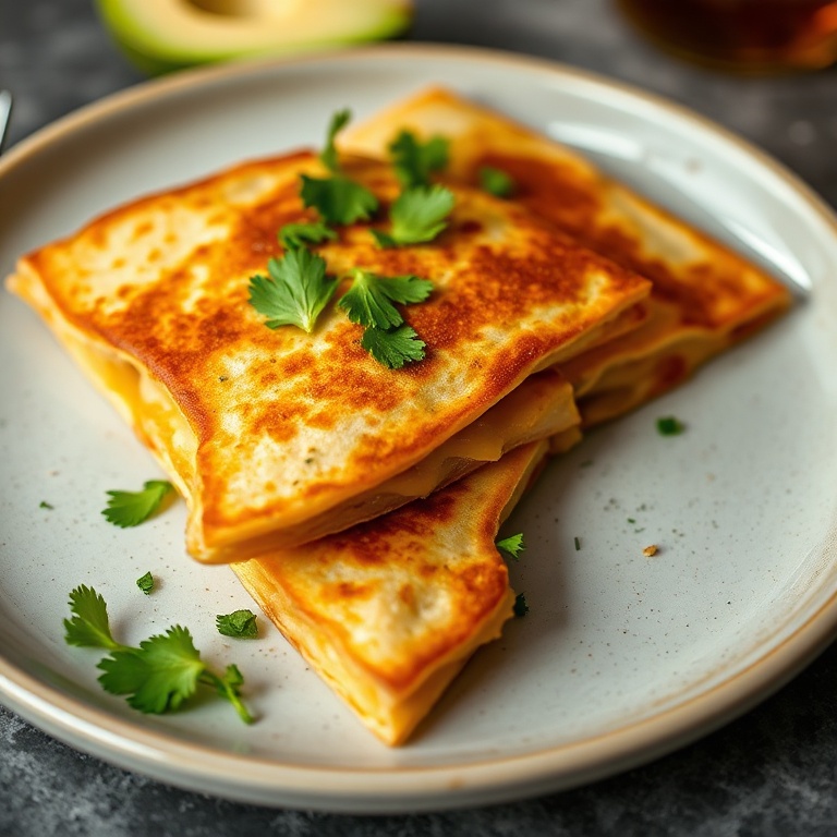 One perfect plated serving of Crispy Honey Garlic Chicken Quesadillas. Garnished with cilantro. Close crop showing golden edges and melty cheese. Warm side lighting. Photorealistic food photography style.