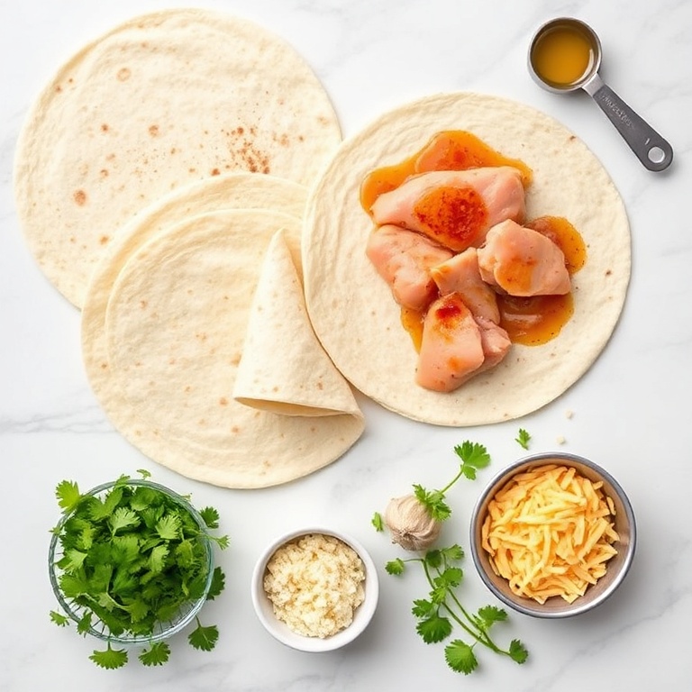 All raw ingredients for Crispy Honey Garlic Chicken Quesadillas arranged as an overhead flat lay. Flour tortillas, chicken breast, honey, garlic, cheddar cheese, cilantro. Measuring spoons and cups visible. White marble surface. Bright even light.