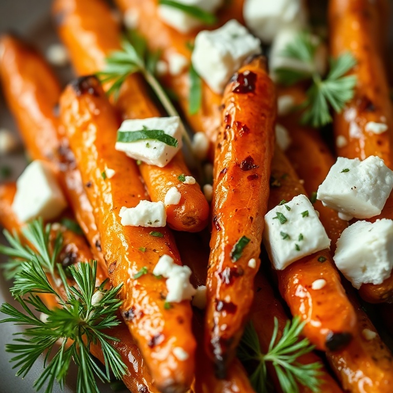 Crispy honey roasted carrots with feta and dill. Garnished with fresh dill.