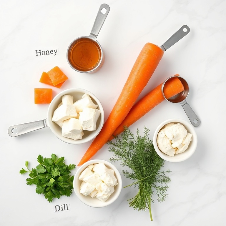 Raw carrots, honey, feta, and dill. Measuring spoons and bowls. Fresh ingredients for roasted carrots.