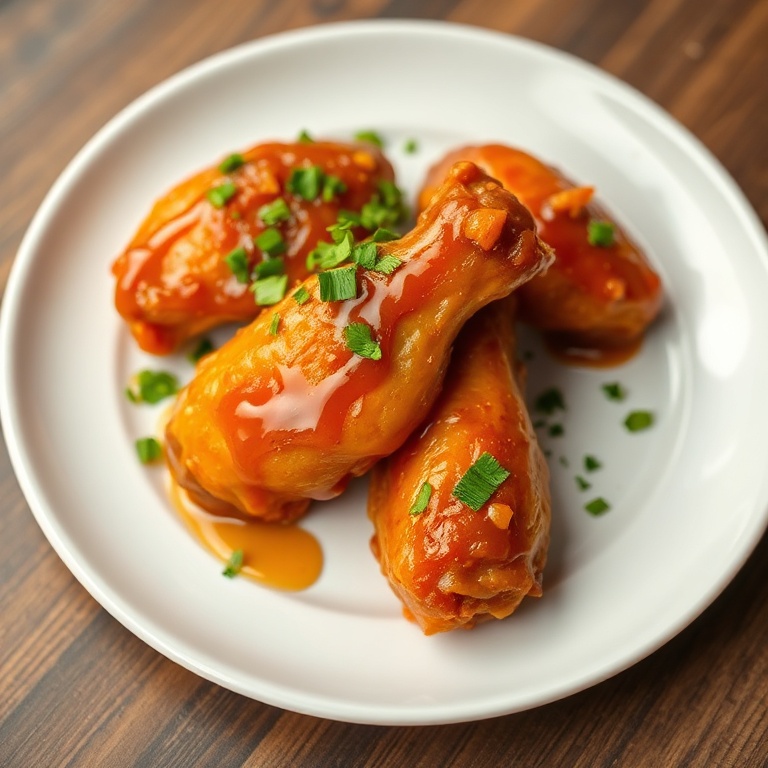 One serving of crispy hot honey chicken wings topped with chopped parsley on a round white plate, golden and glistening, close crop with warm lighting.