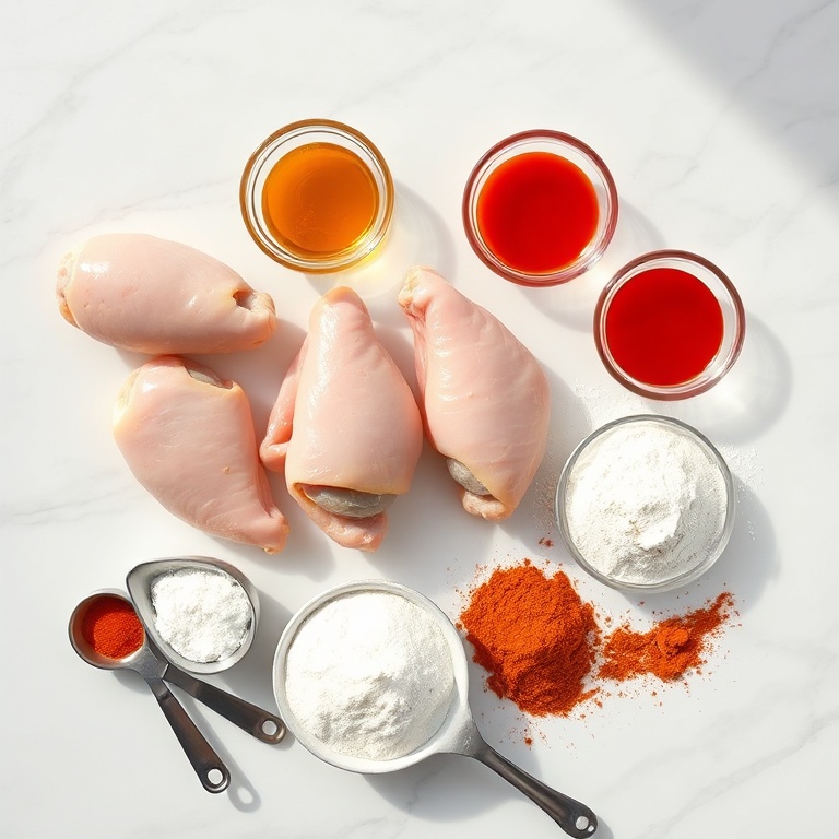 Overhead shot of raw chicken wings, hot honey, flour, baking powder, and smoked paprika with measuring cups, all on a white marble surface.