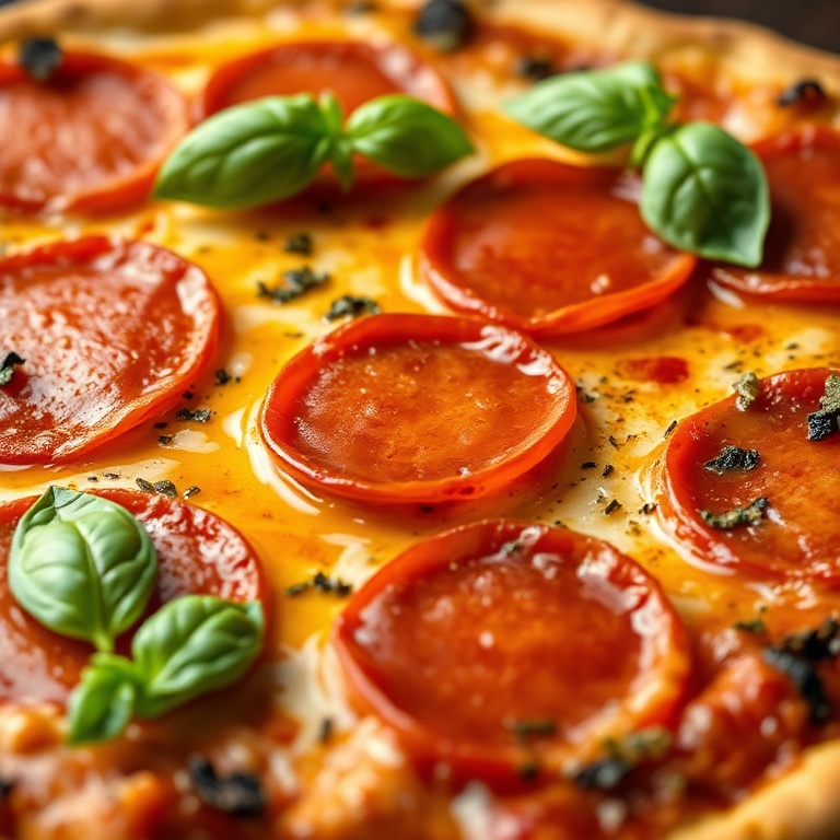 Crispy hot honey pepperoni pizza with fresh basil garnish. Close-up of gooey cheese and spicy honey glaze.