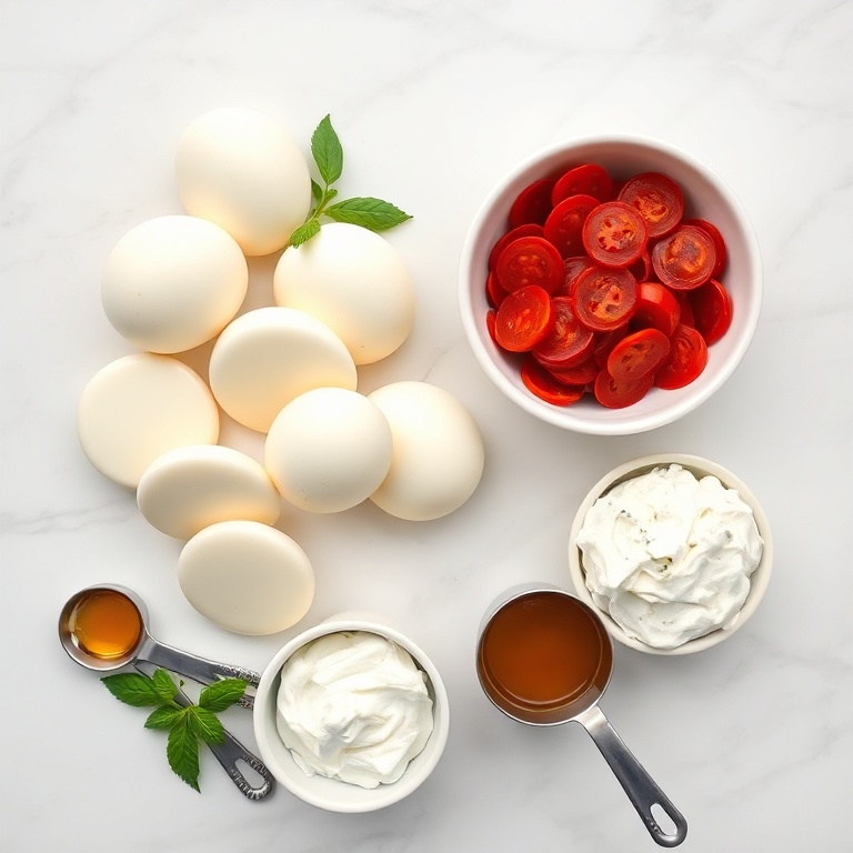 Fresh mozzarella, spicy pepperoni, honey, and ricotta arranged in an overhead flat lay. Measuring spoons and bowls visible.
