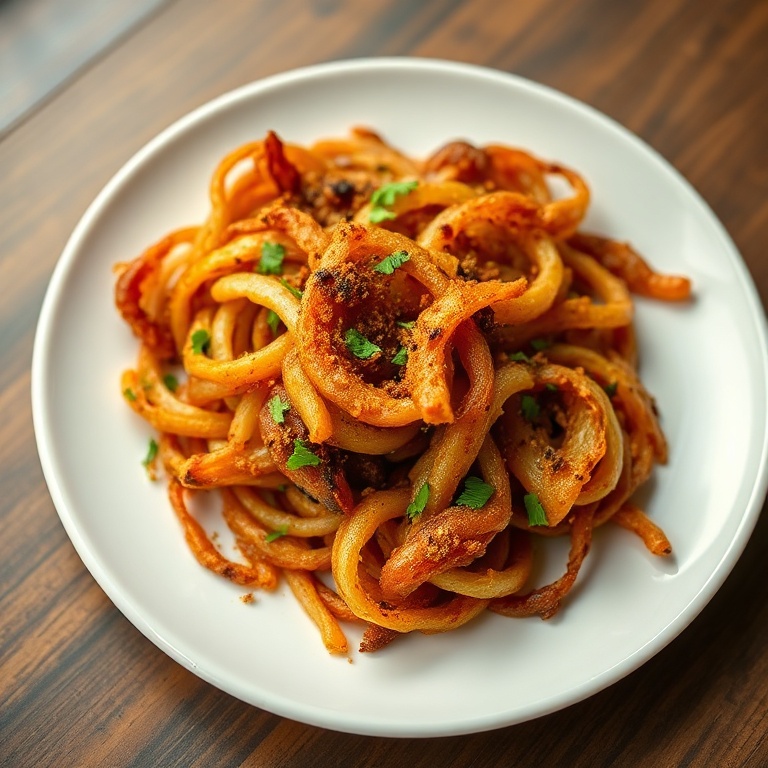 One perfect plate of Crispy Indian Onion Bhaji. Sprinkled with chaat masala and served on a white plate.