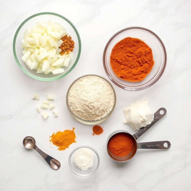 All raw ingredients for Crispy Indian Onion Bhaji arranged in an overhead flat lay. Onions, gram flour, spices, and oil are clearly visible.
