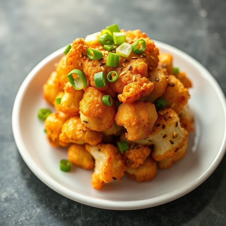 One serving of crispy Korean baked cauliflower on a small white plate, sprinkled with sesame seeds and sliced green onions, close crop with shiny glaze.