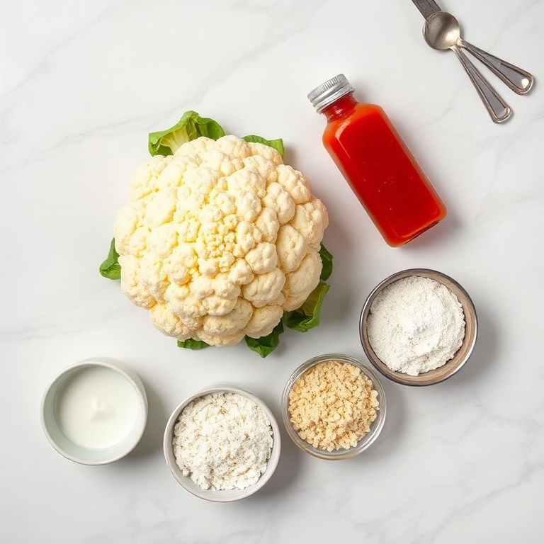 Overhead of all ingredients including fresh cauliflower florets, gochujang sauce, flour, cornstarch, and green onions, with bowls and measuring spoons.