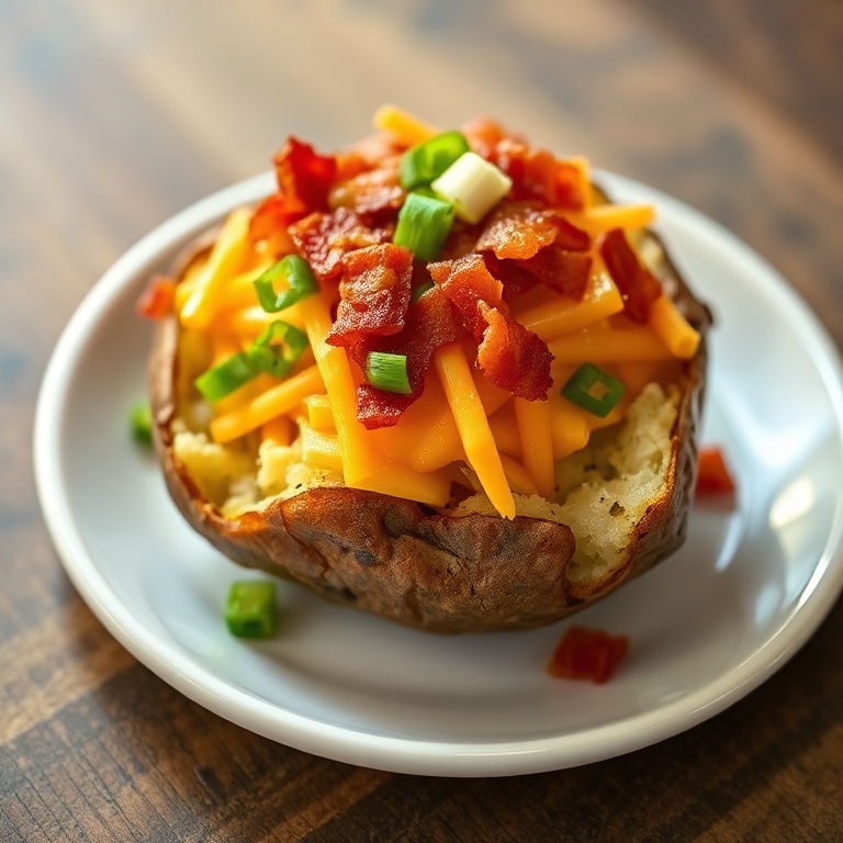 One plated crispy loaded baked potato skin topped with melted cheese, bacon, and sliced green onion garnish on a small white plate.