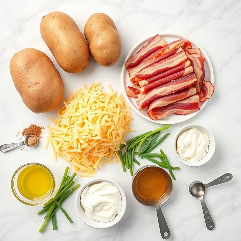 Overhead view of russet potatoes, bacon, cheddar cheese, green onions, and sour cream with spices and prep bowls on a marble surface.