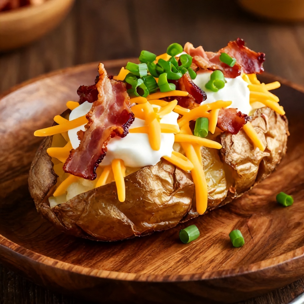 Plated serving of crispy loaded baked potatoes