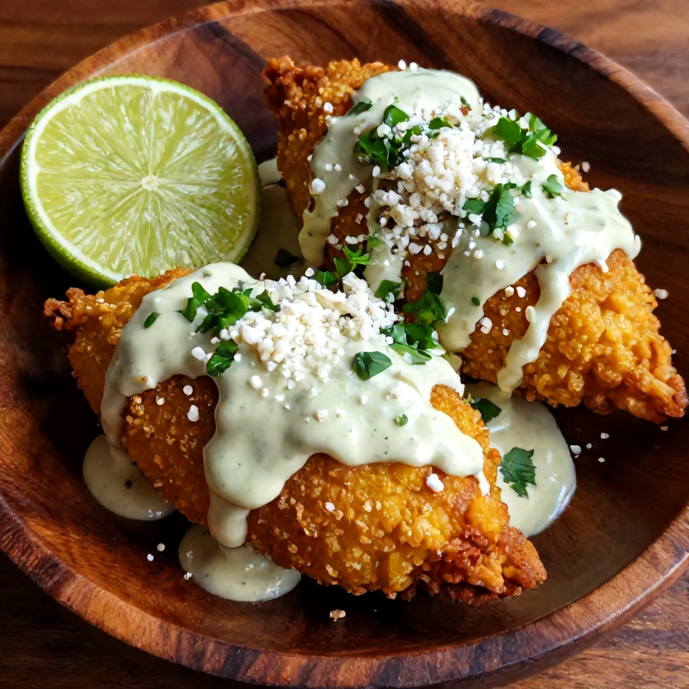 Plated Mexican street corn fritters with spicy lime sauce