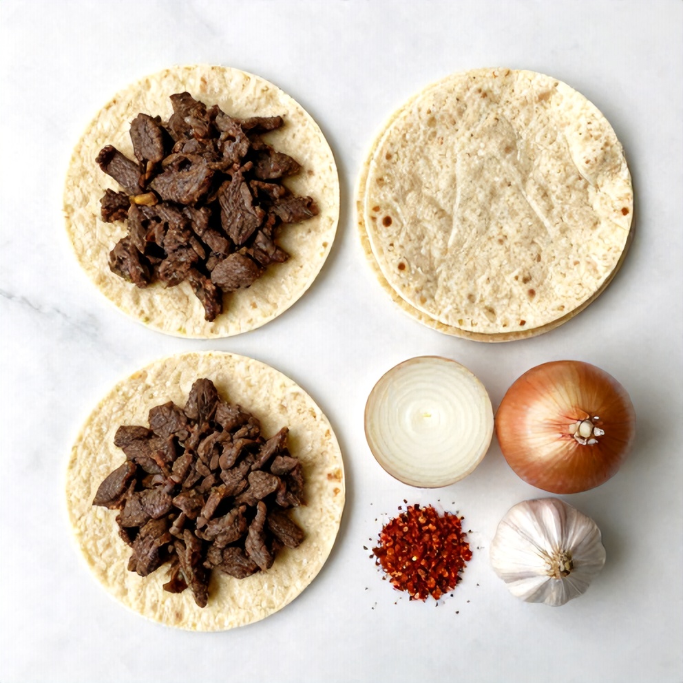 Raw ingredients for Pot Birria Tacos: beef, tortillas, onion, garlic, chiles, spices