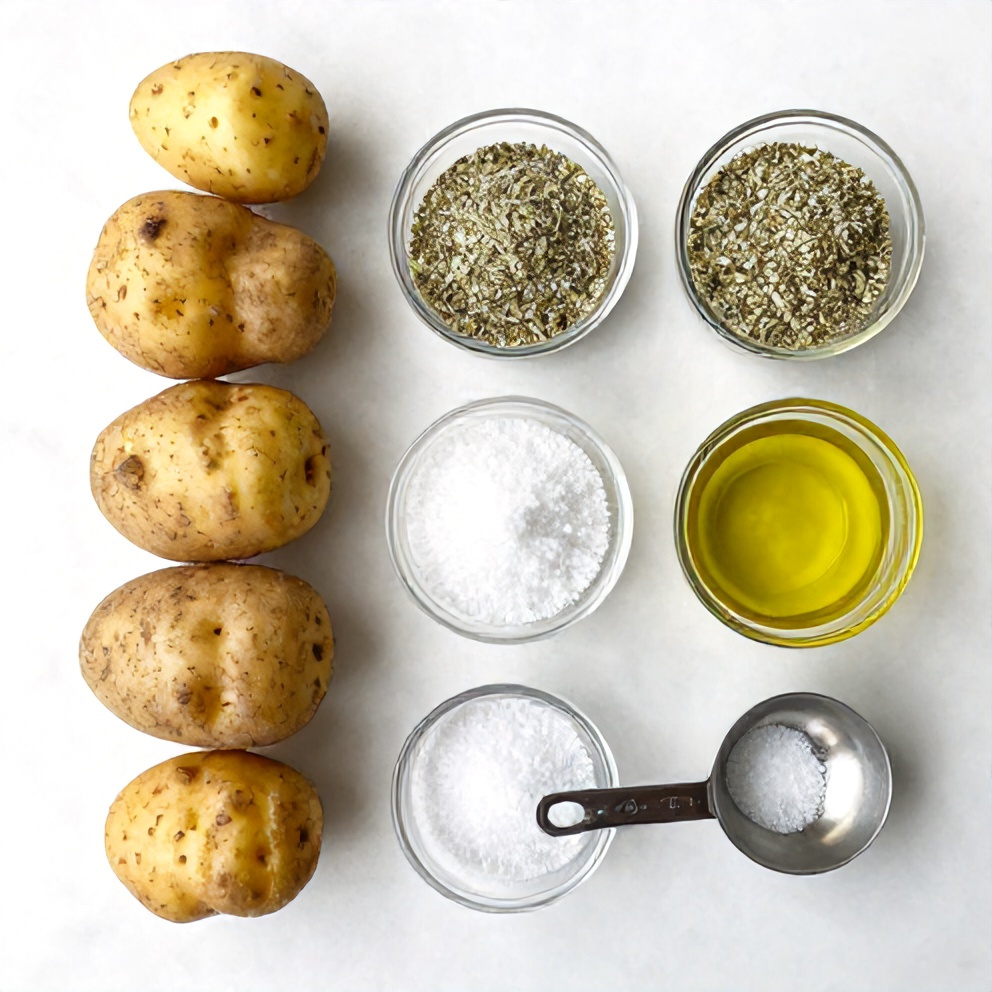 Raw ingredients for Crispy Ranch Potatoes on a white marble surface