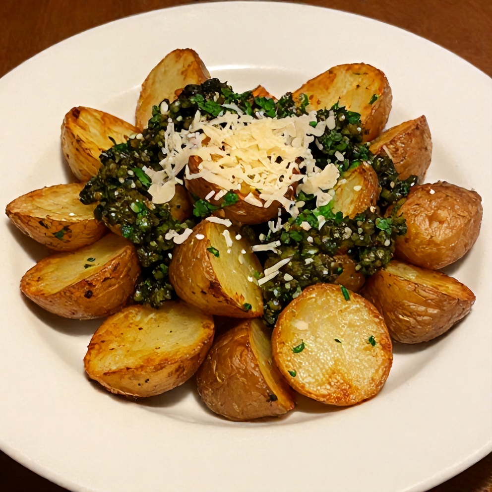 Plated crispy smashed potatoes with olive tapenade