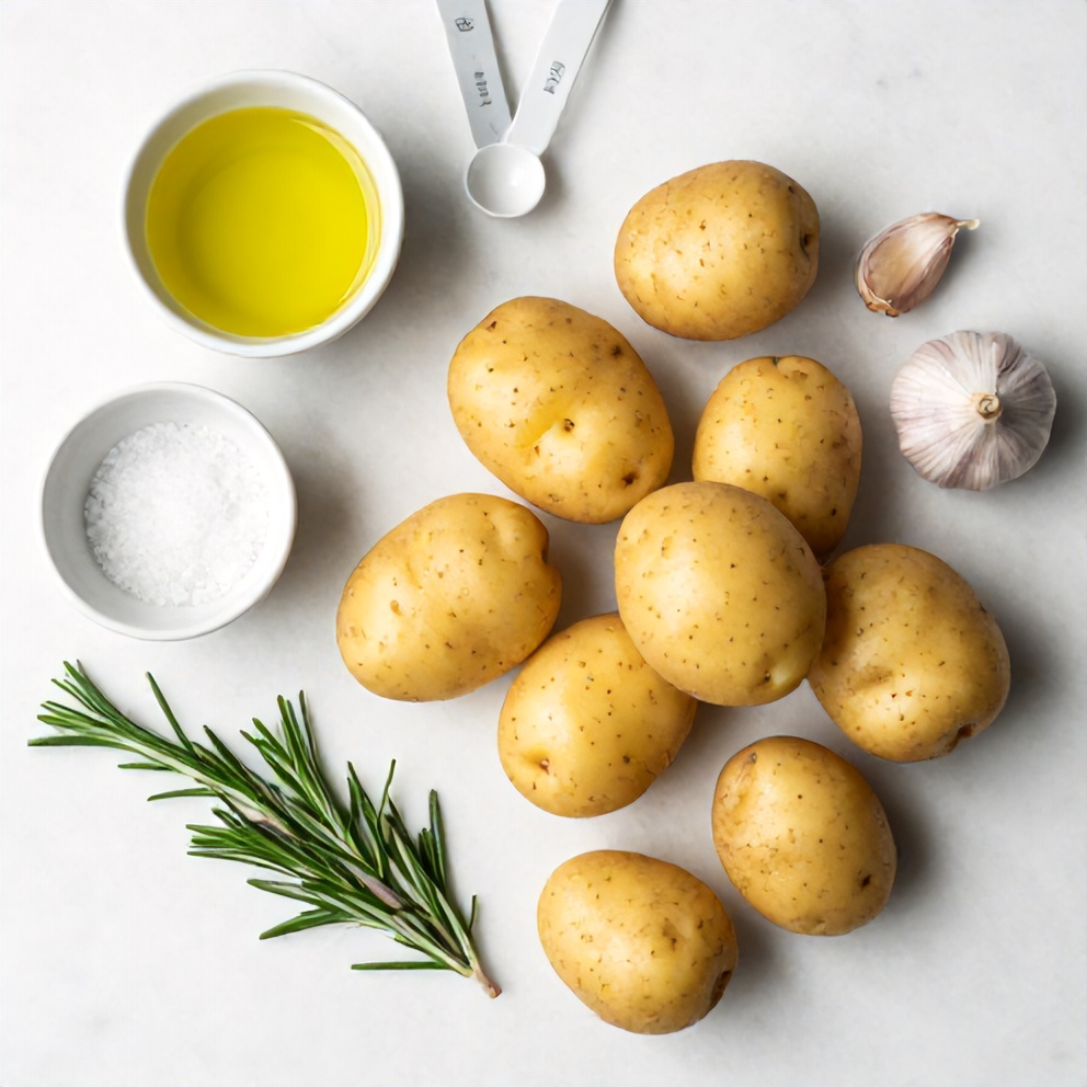 Raw ingredients for crispy smashed potatoes with olive tapenade