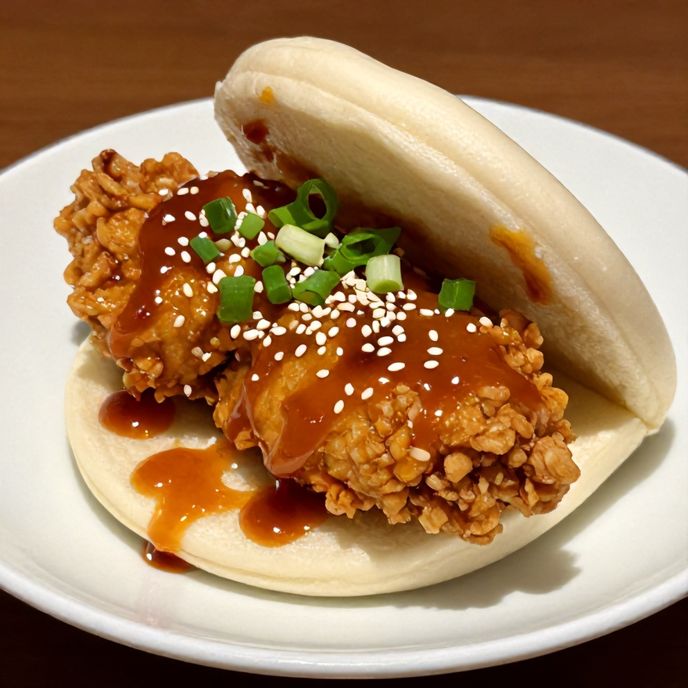 Crispy Sticky Chicken Bao Buns on a white plate