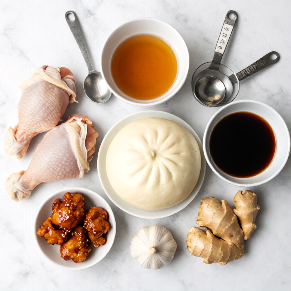 Raw ingredients for Crispy Sticky Chicken Bao Buns on a white marble surface