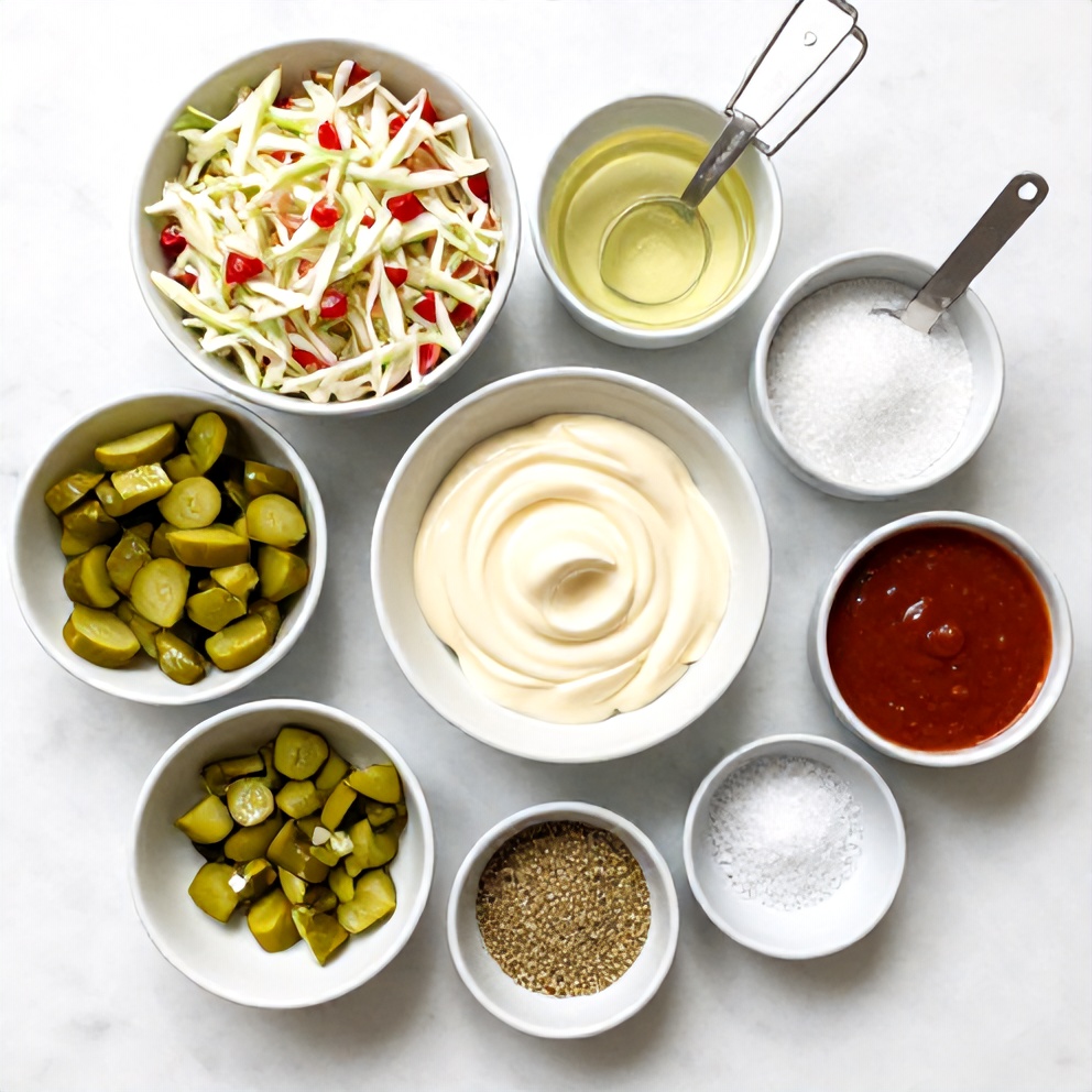 Raw ingredients for Sweet and Spicy Pickle Slaw on a wooden surface