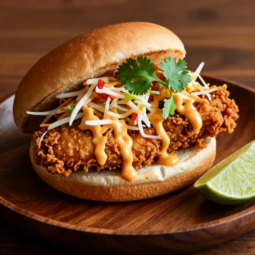 Thai fried chicken sandwich on a plate with a side of slaw