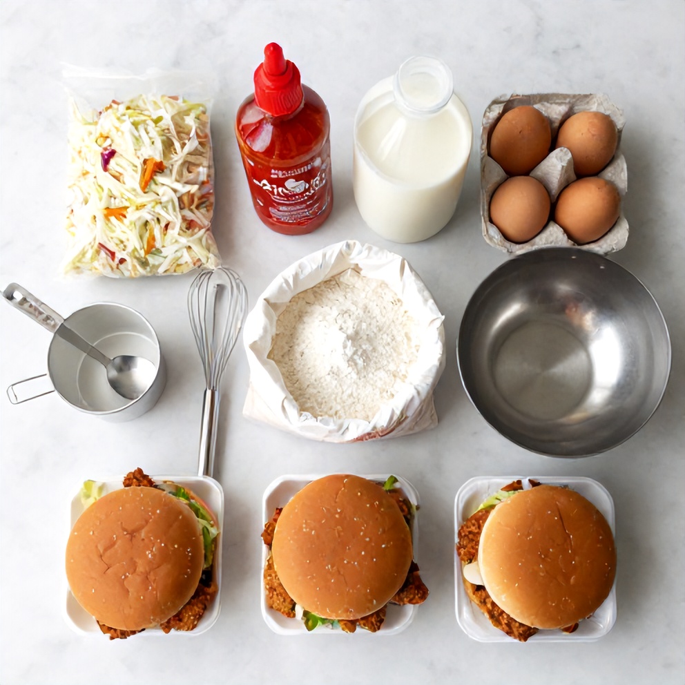 Thai fried chicken sandwich ingredients on a marble surface