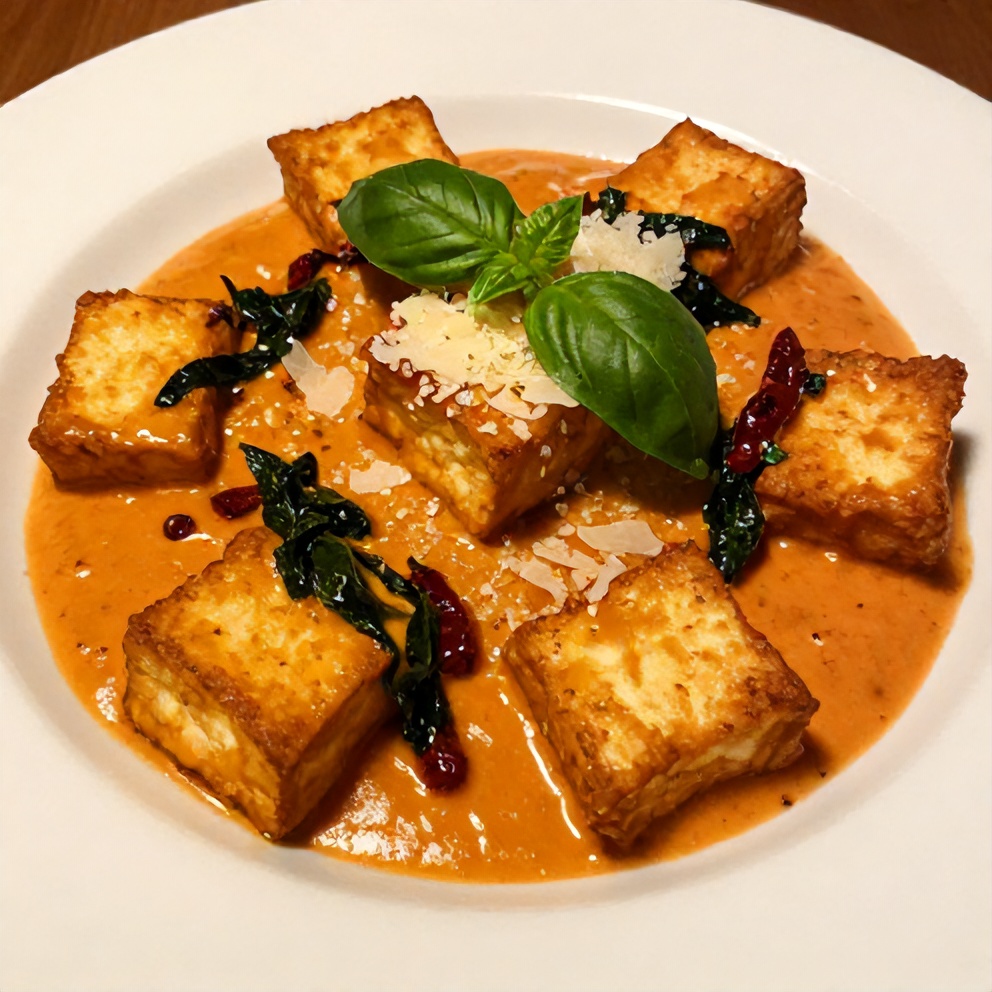 Crispy tofu in creamy sun-dried tomato sauce on a plate