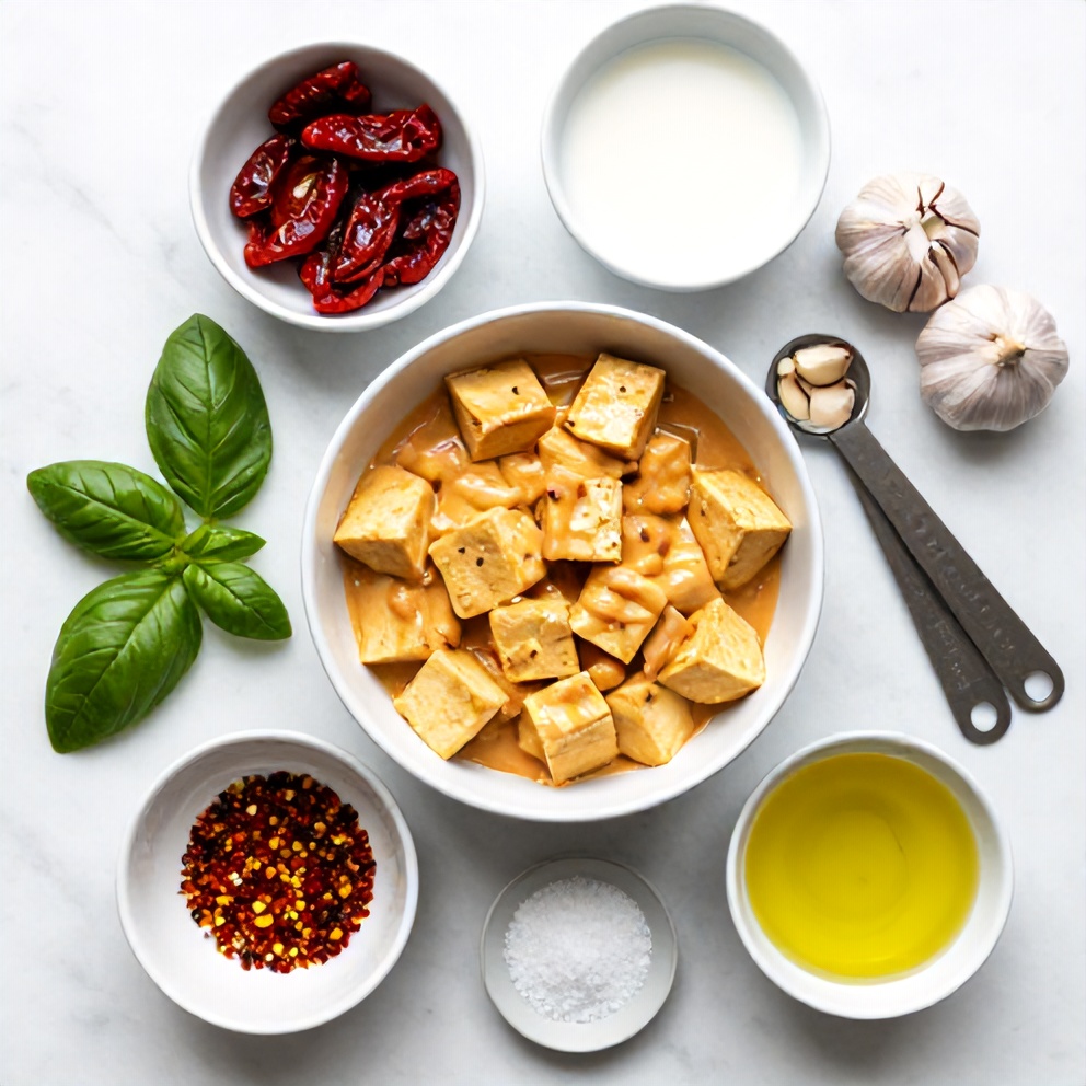 Raw ingredients for crispy tofu in creamy sun-dried tomato sauce