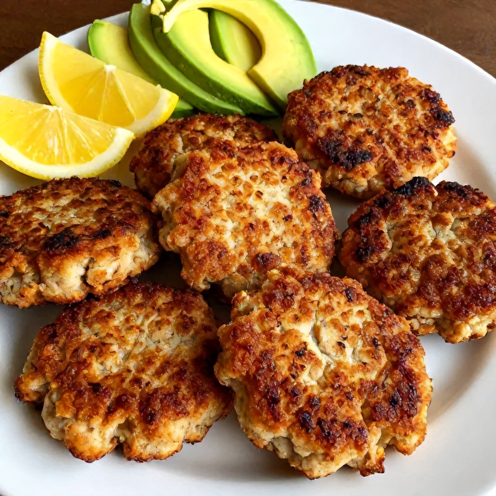 Plated tuna patties with lemon wedges