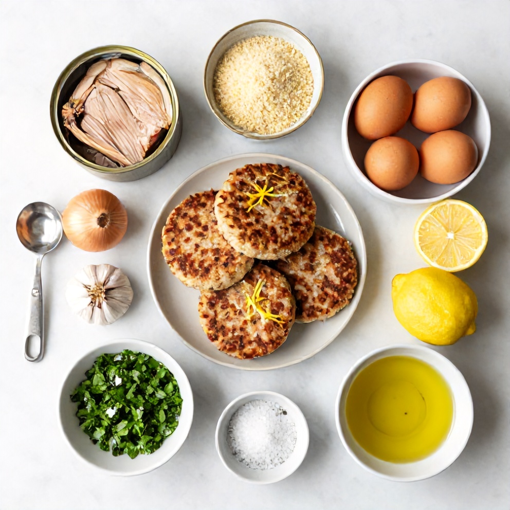 Raw ingredients for tuna patties on a marble surface